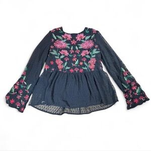 American Eagle Black Embroidered Floral Peplum Blouse Size Small
